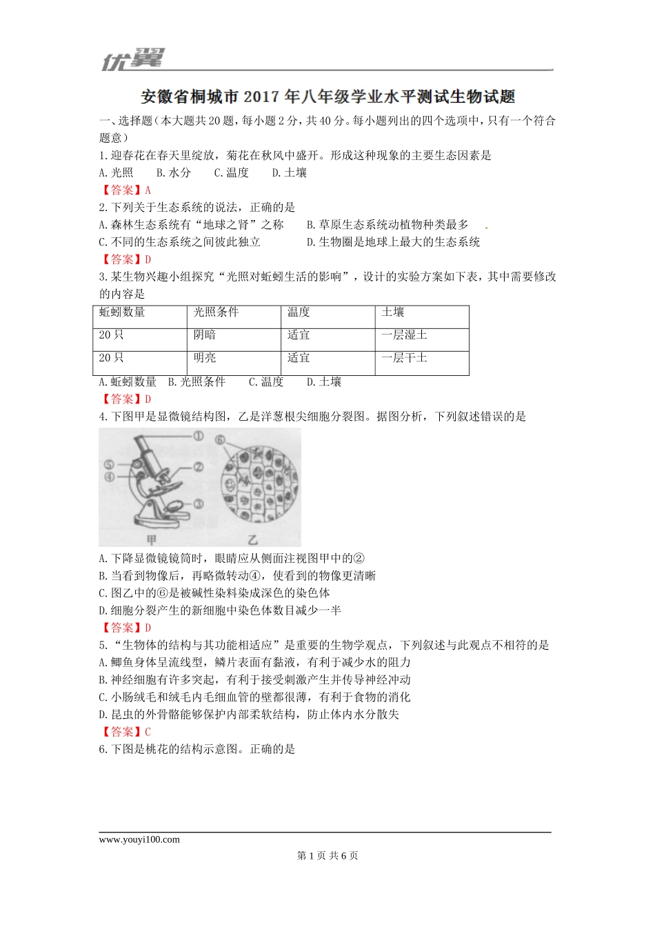 2017安徽桐州市生物结业考试.doc_第1页
