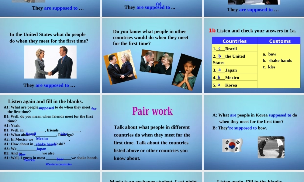 九年级英语全册 Unit 10 You’re supposed to shake hands课件1.ppt