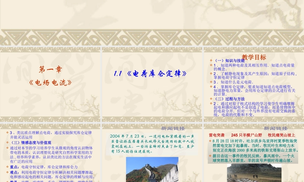 高中物理新课标版人教版选修1-1精品课件：1.0《电场电流》PPT课件(新人教版选修1-1).ppt