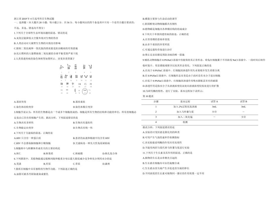2019年浙江省高考生物【4月】（原卷版）.docx_第1页