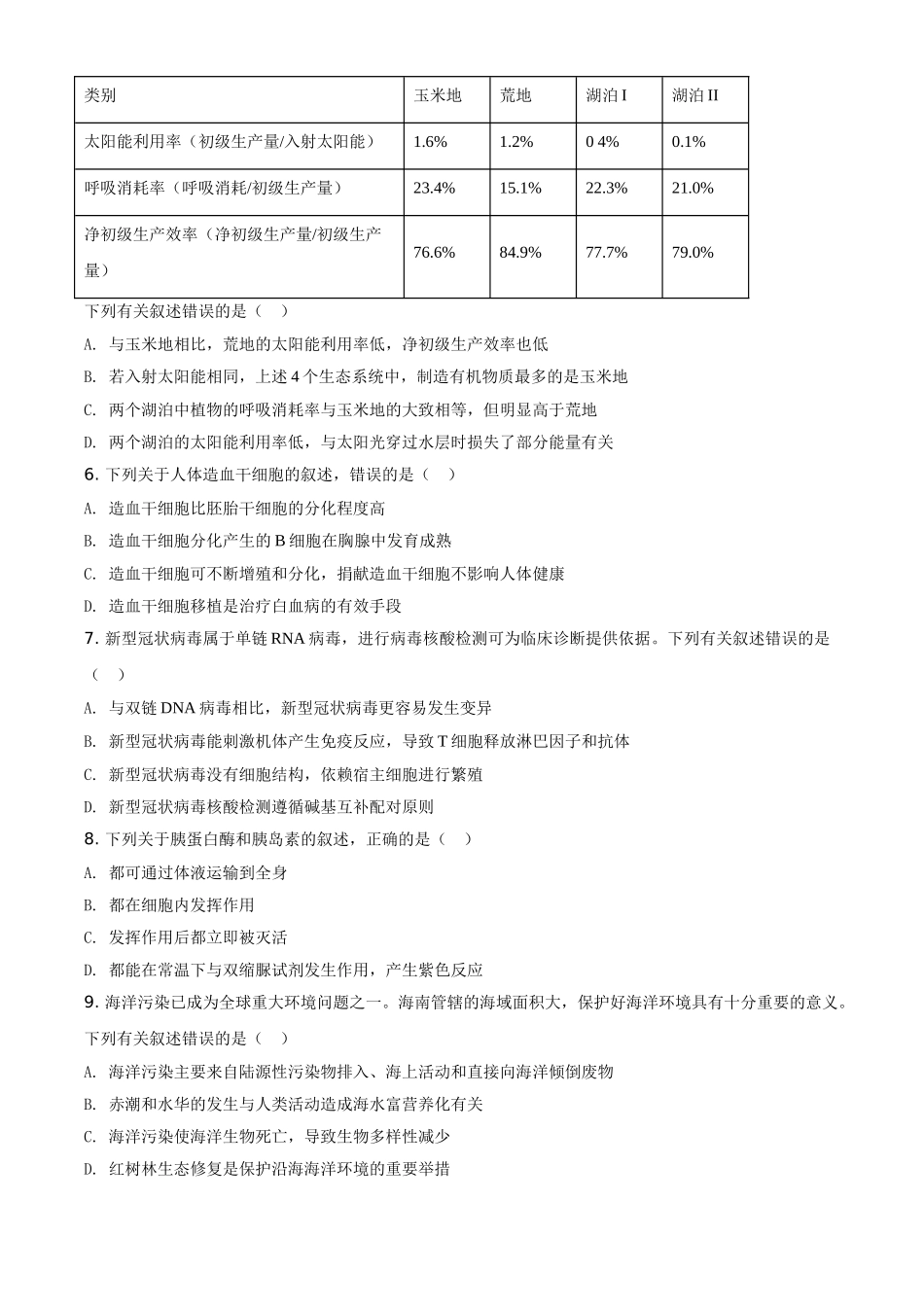 2020年高考海南卷生物试题及答案.doc_第2页