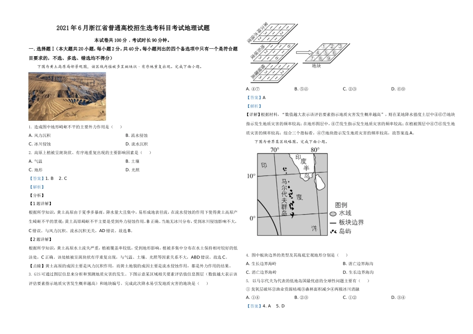 2021年6月浙江省普通高校招生选考科目考试地理试题（解析版）.doc_第1页