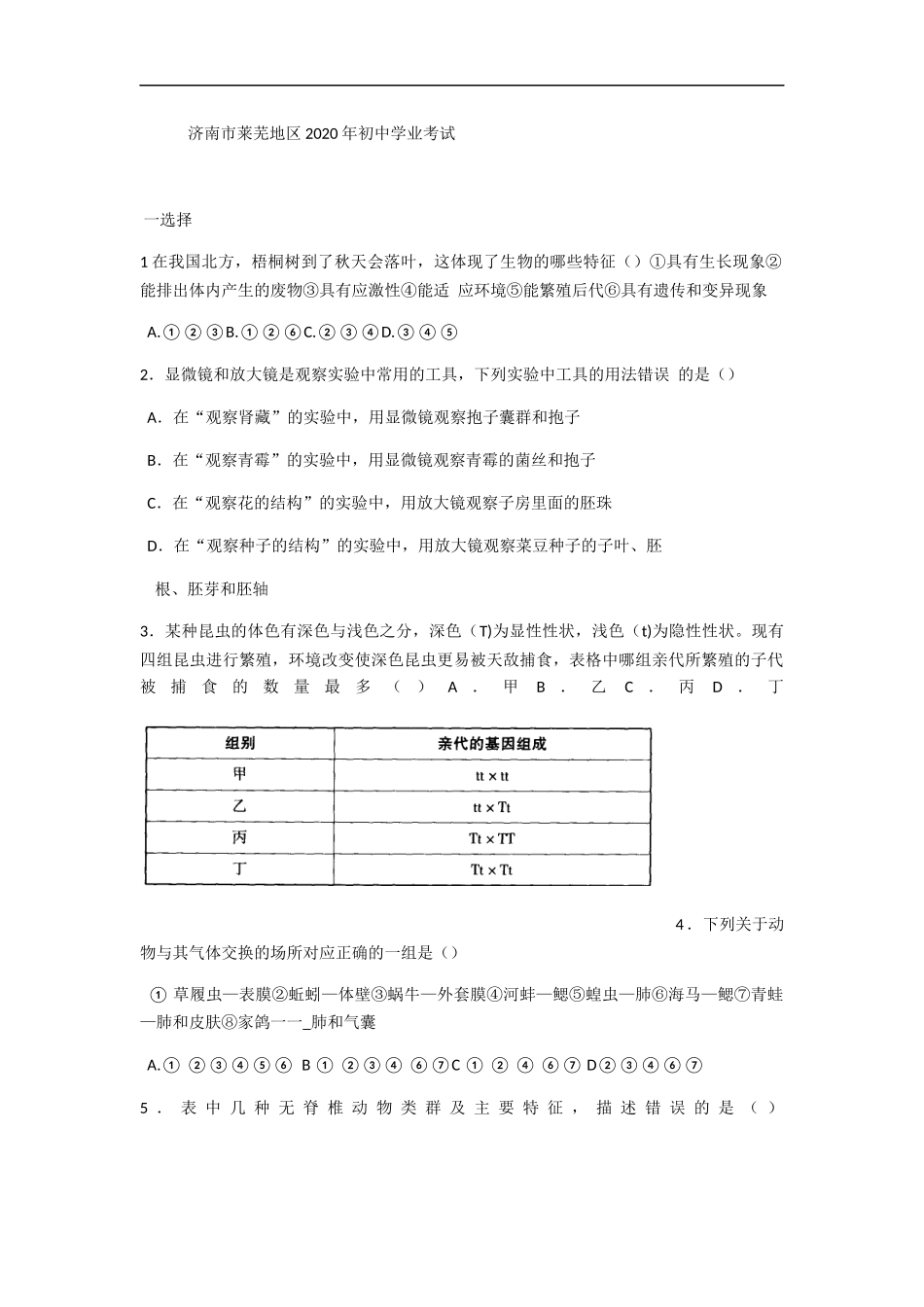 2020年山东省济南市莱芜地区初中学业考试生物试题.docx_第1页
