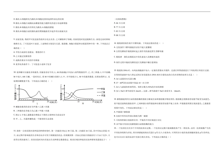 2021年高考真题 生物(山东卷)（原卷版）.doc_第2页