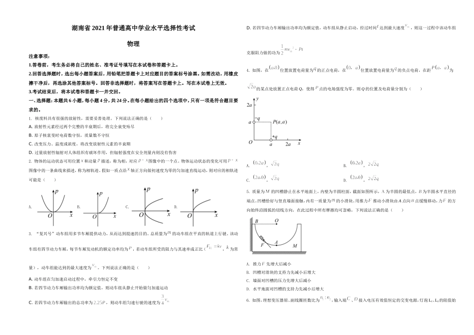 2021年湖南省普通高中学业水平选择性考试（湖南卷）（原卷版）.doc_第1页