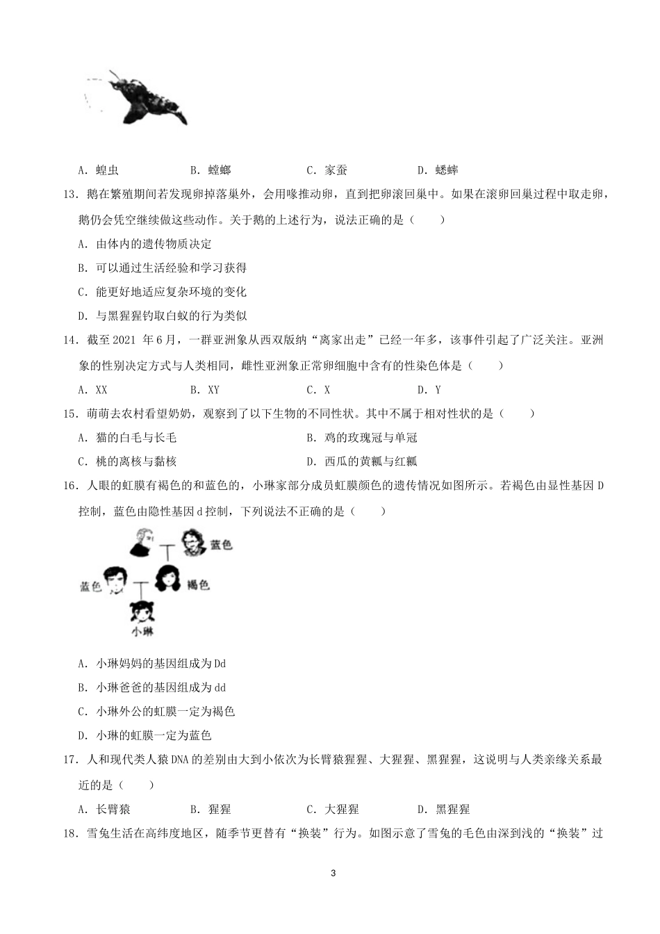 2021年河南省中考生物试卷（word解析版）.docx_第3页