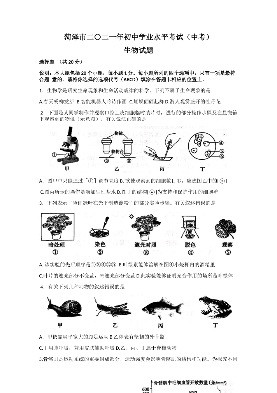2021年山东省菏泽市中考生物真题（Word版无答案）.docx_第1页