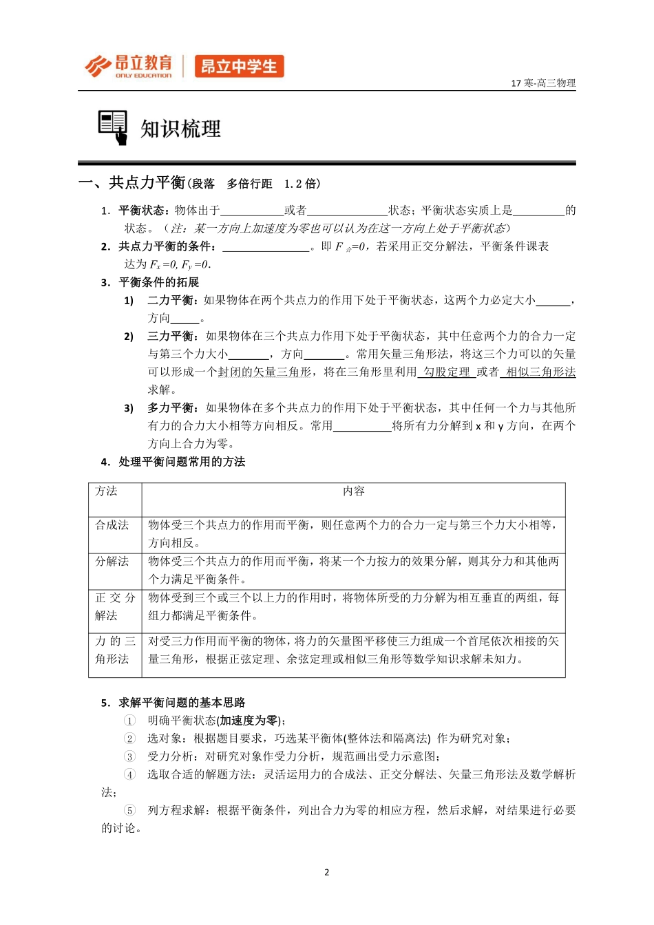 (学生版教师版)共点力平衡和动态平衡.pdf_第2页
