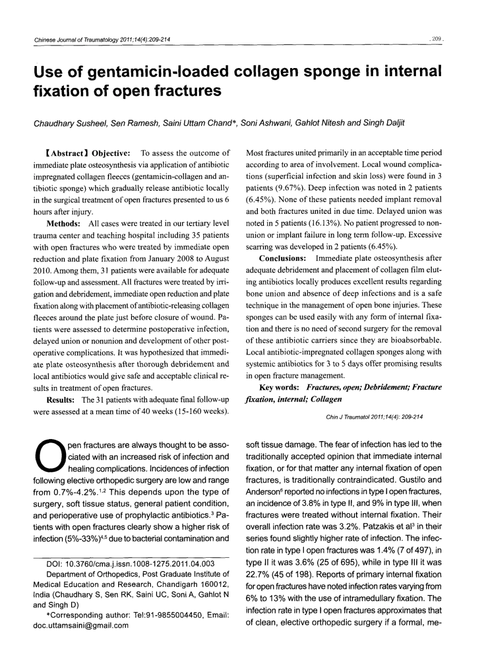 Use of gentamicin-loaded collagen sponge in internal fixation of open fractures[1].pdf_第1页