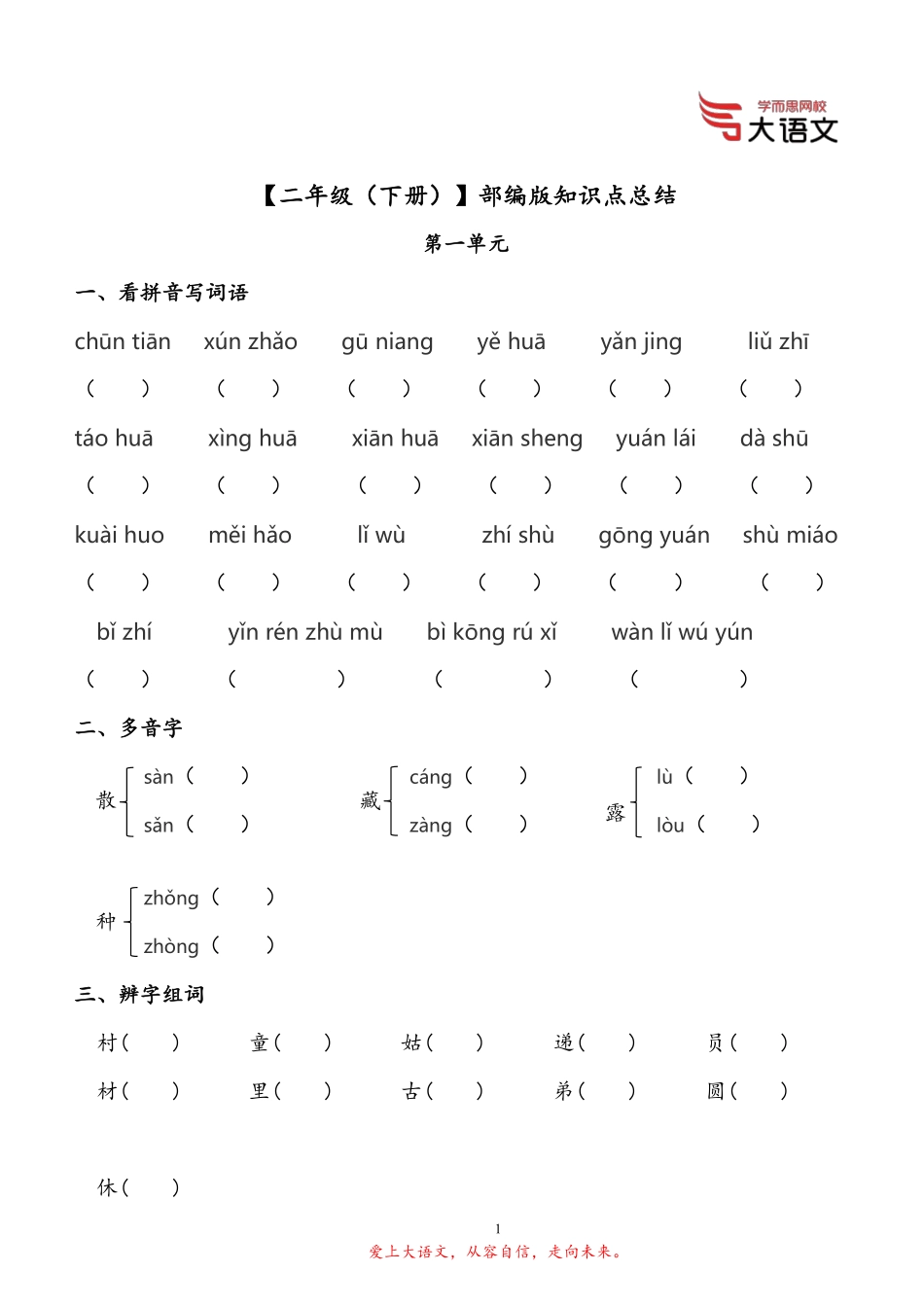 【2020春】二年级部编版校内第一单元（题目）_【二年级】部编版第1单元知识点总结（题目版）.pdf_第1页