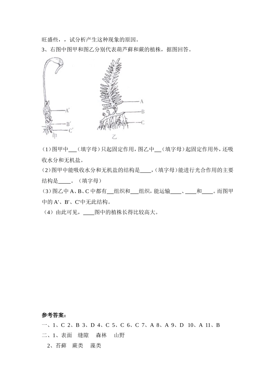 藻类、苔藓和蕨类植物 习题2 含答案.doc_第3页