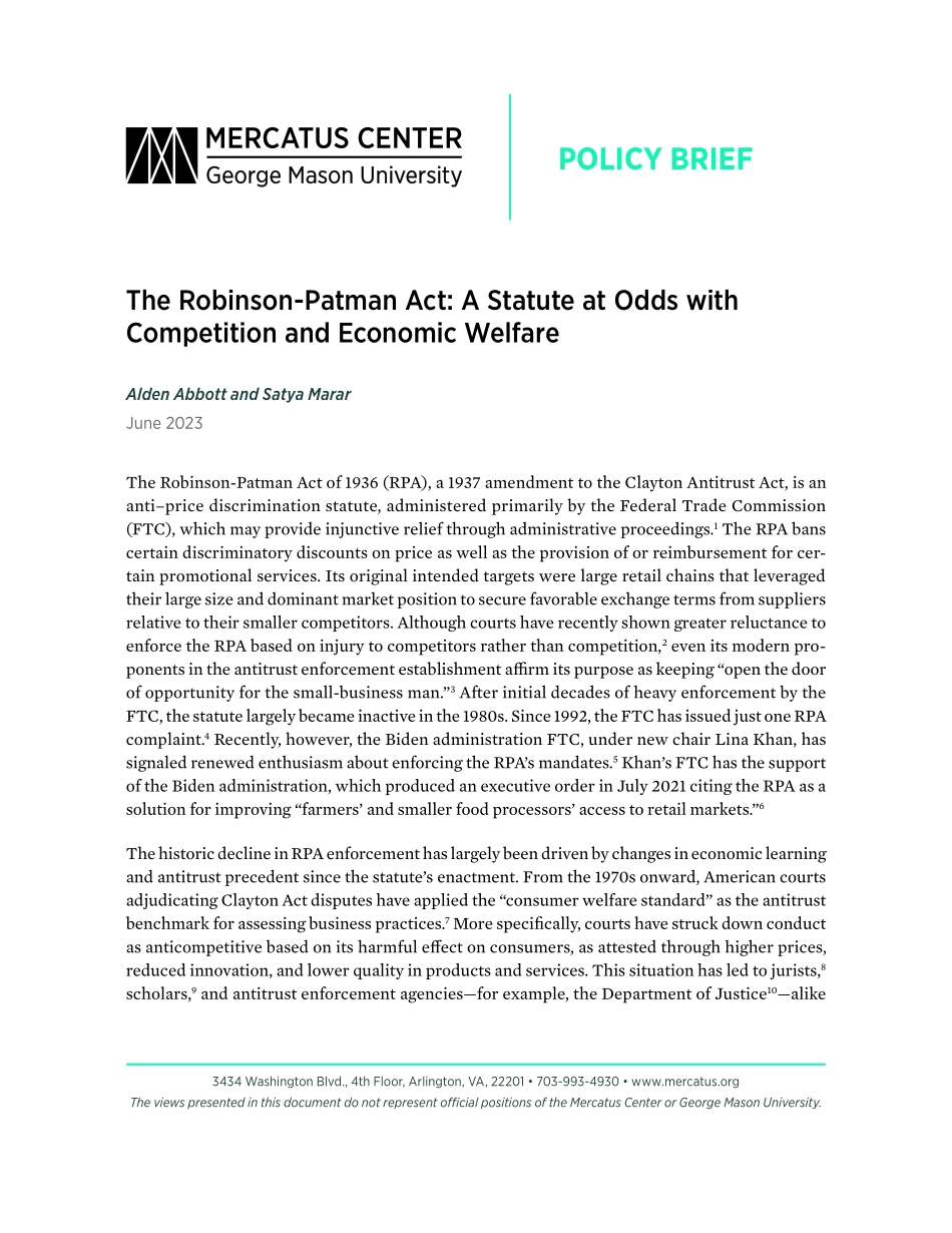 莫卡特斯中心-罗宾逊-帕特曼法案：与竞争和经济福利相悖的法规（英）-2023-WN6.pdf_第1页