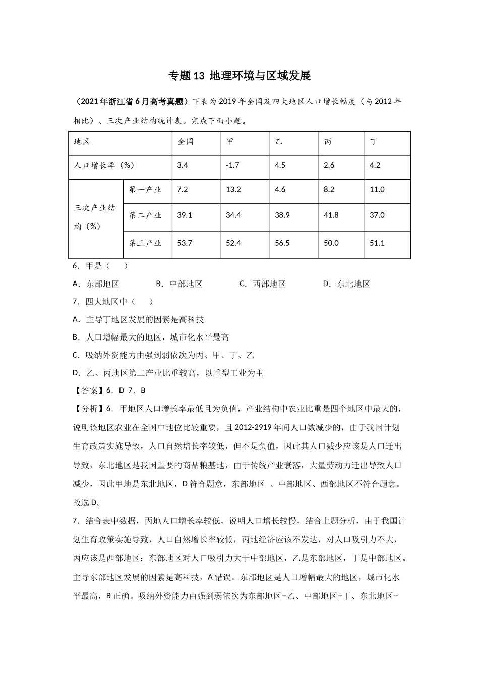 三年高考（2019-2021）地理试题分项汇编——专题13 地理环境与区域发展-（教师版）.doc_第1页