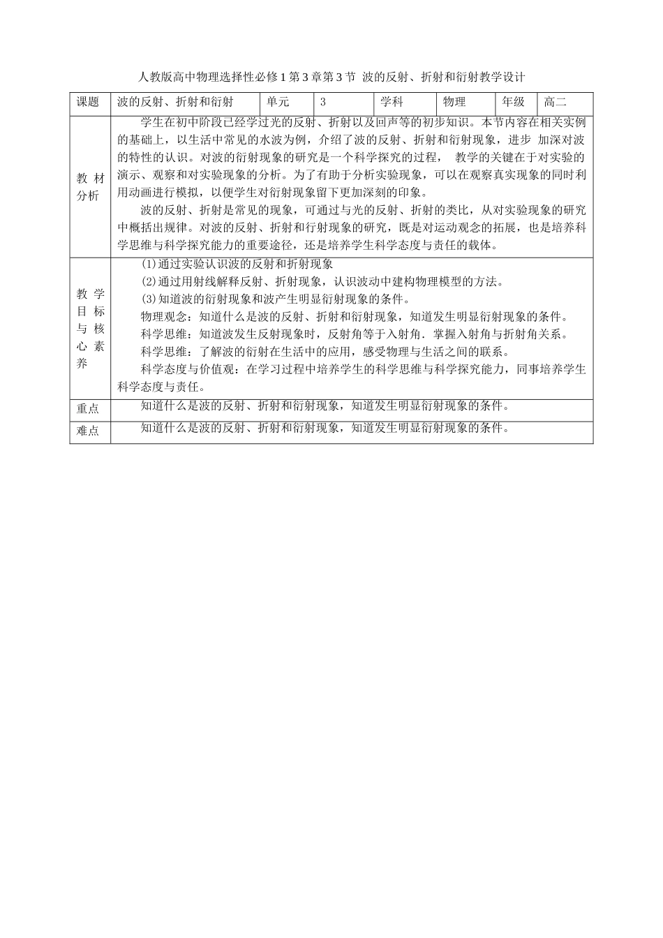 第3章第3节 波的反射、折射和衍射教学设计.doc_第1页