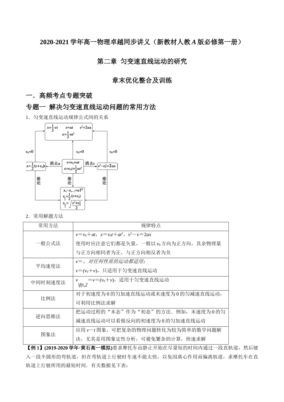 第二章 匀变速直线运动的研究 章末优化整合及训练（原卷版）.docx_第1页