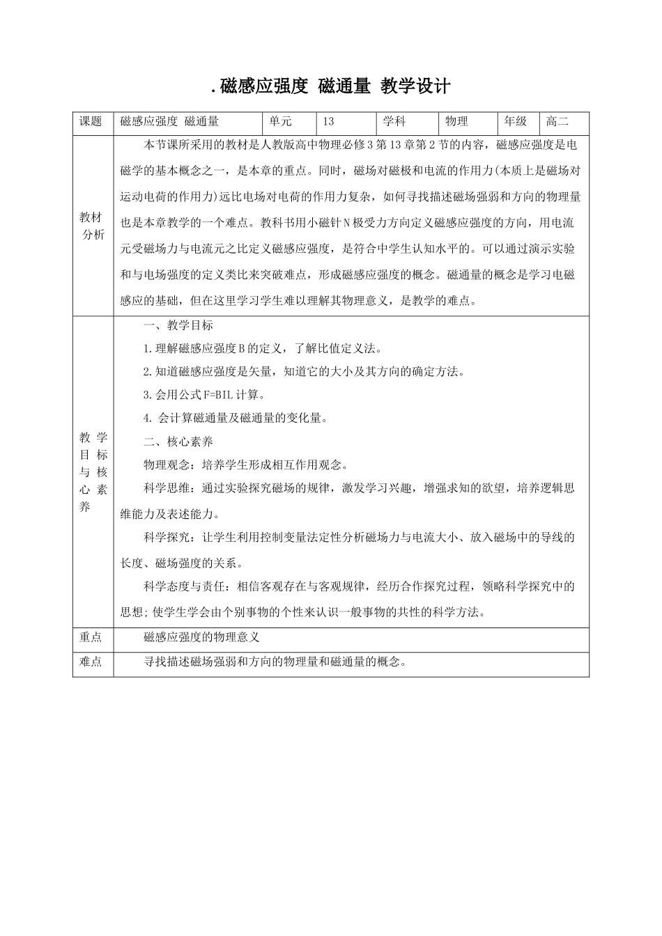 第13章第2节磁感应强度 磁通量教学设计(1).doc_第1页