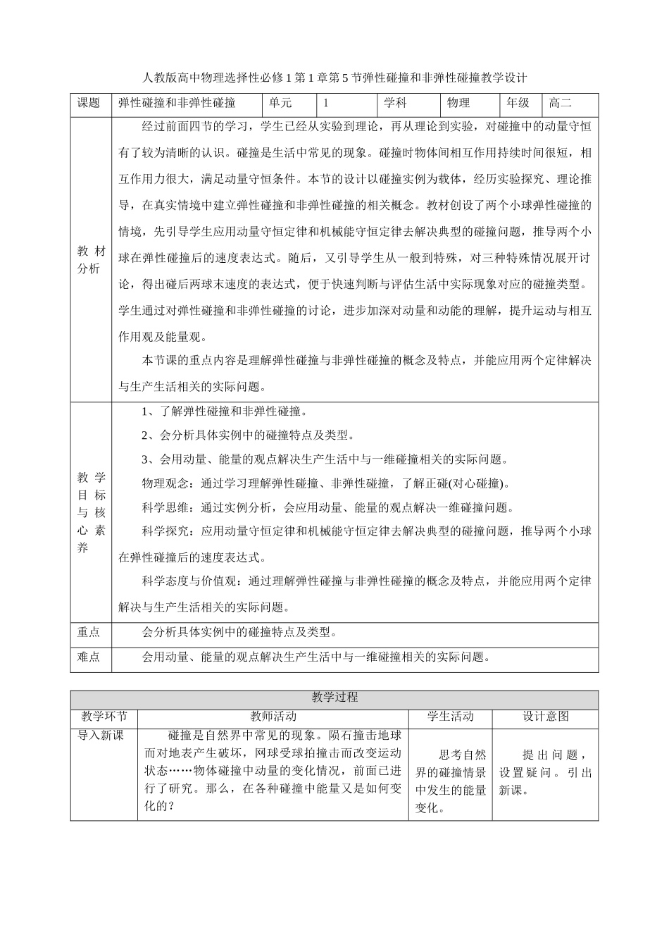 第1章第5节弹性碰撞和非弹性碰撞教学设计.doc_第1页