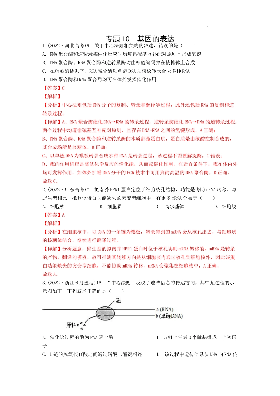 专题10基因的表达（解析版） .docx_第1页