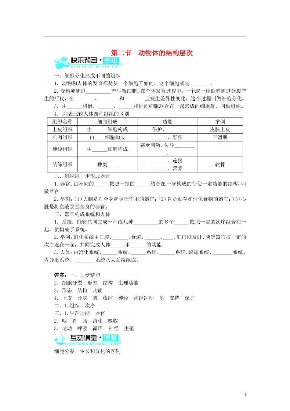 动物体的结构层次 习题3 含答案.doc_第1页