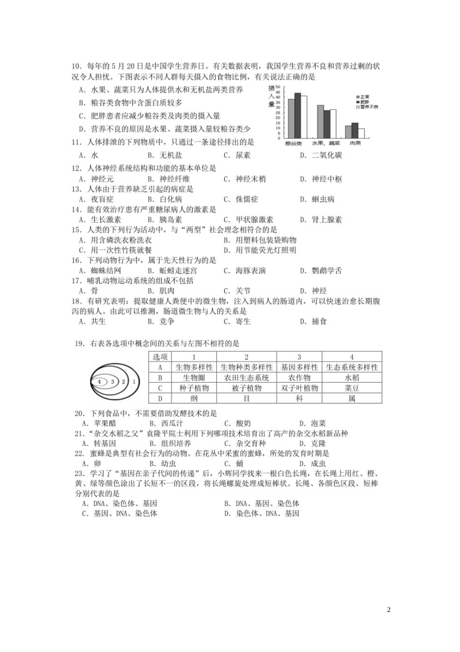 湖南省湘潭市2016年中考生物试题（图片版含答案）.doc_第2页