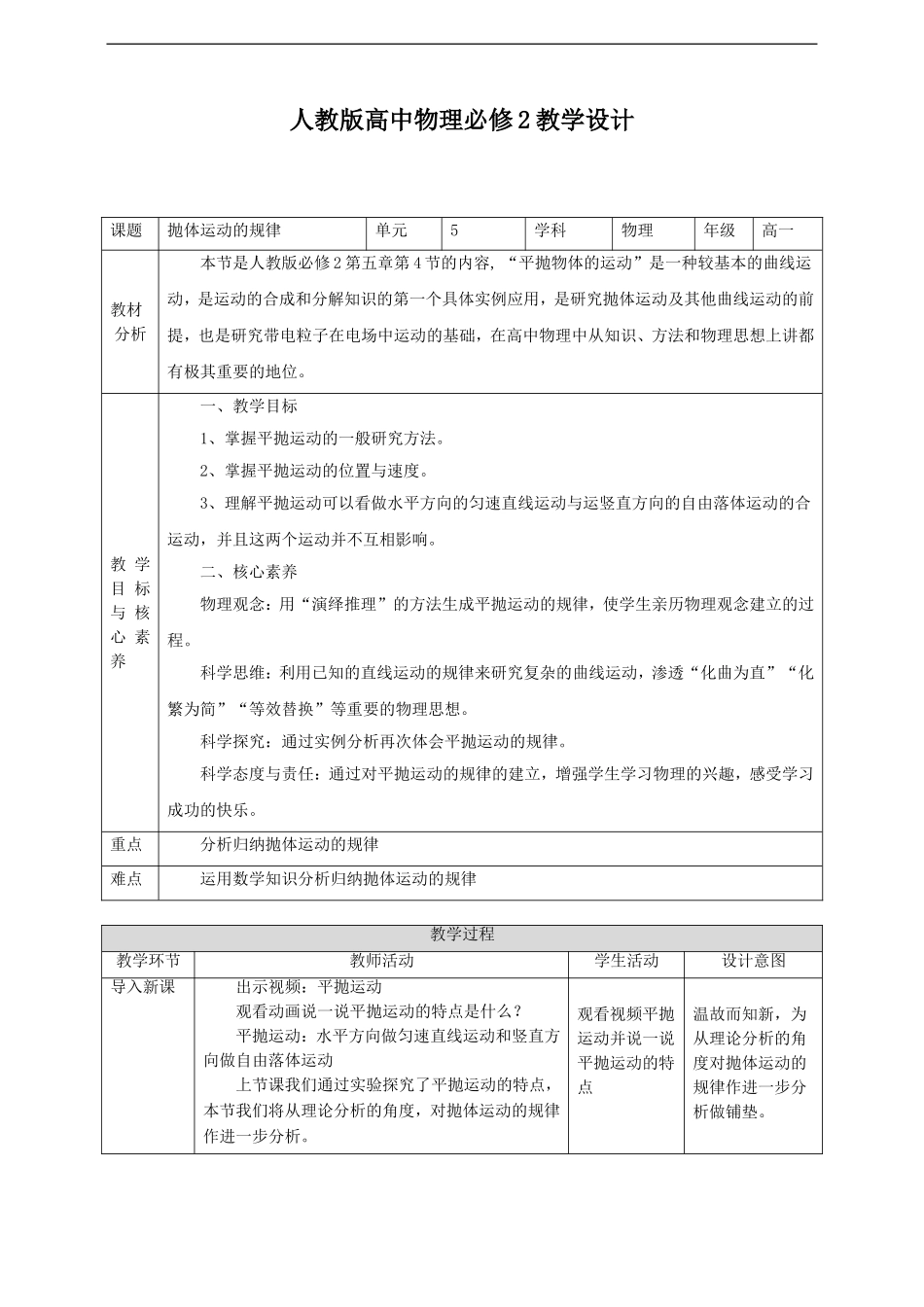 第5章第4节抛体运动的规律 教学设计.doc_第1页