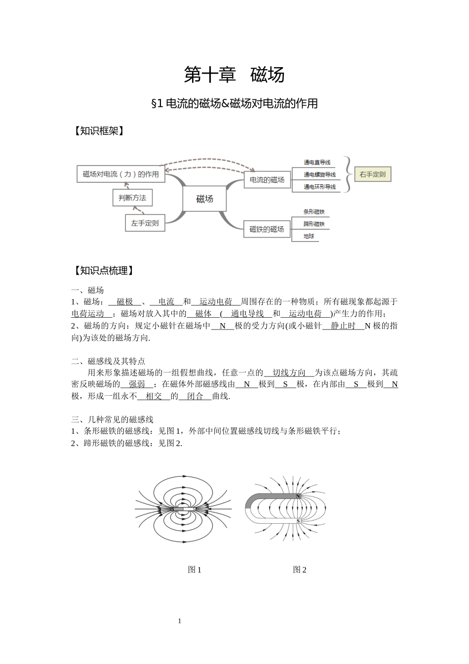 14电流的磁场 左手定则-教师版.docx_第1页
