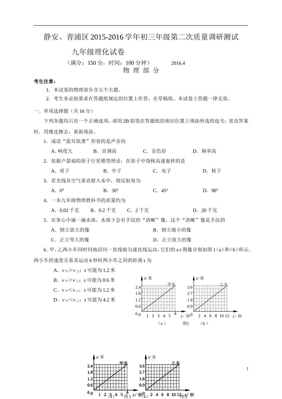 2016静安、青浦中考物理二模Word解析版.doc_第1页