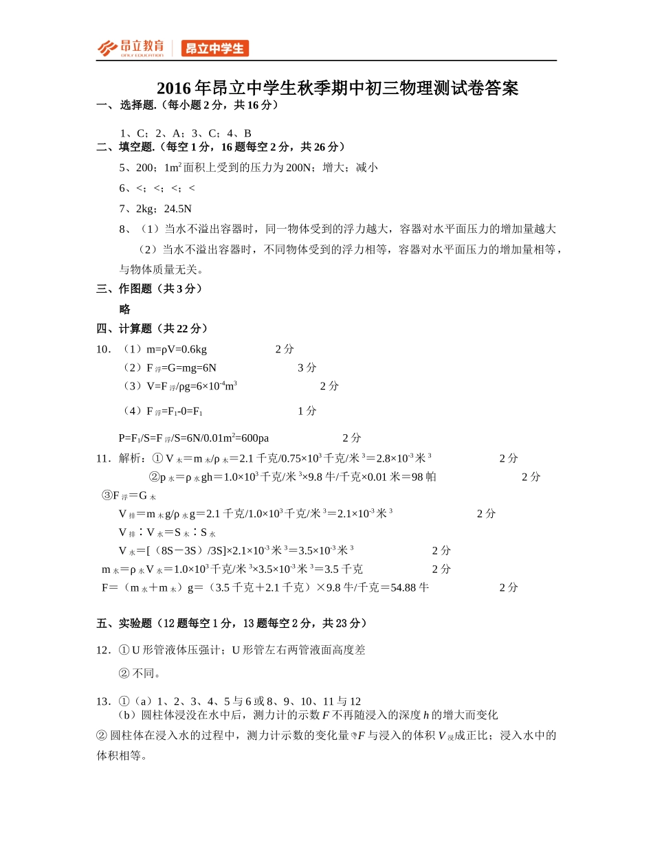 2016年中学生初三物理期中测试卷答案(1).docx_第1页