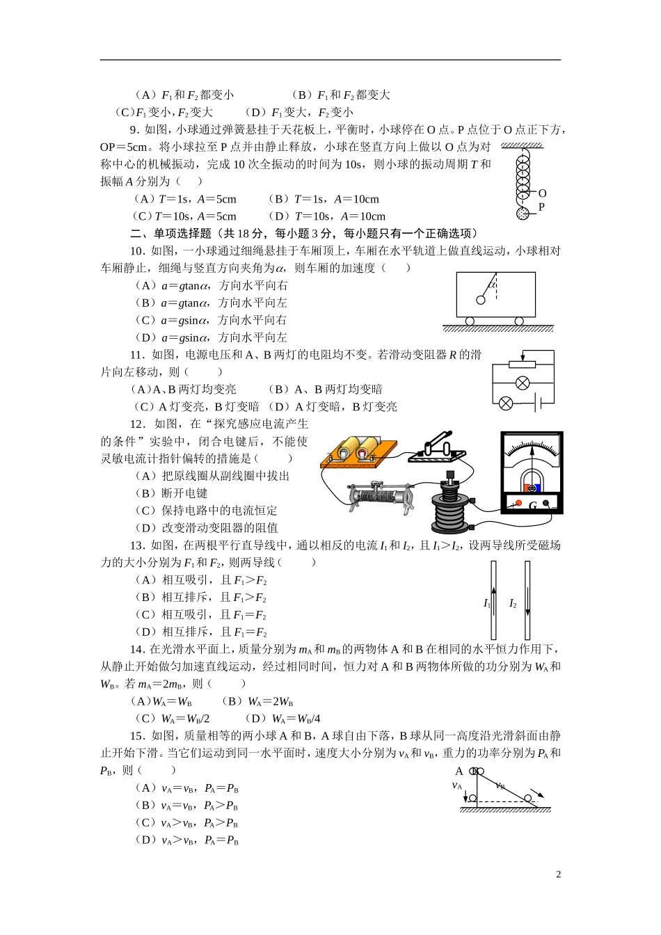 2012年上海市普通高中学业水平考试物理试卷(含标准答案与评分标准)(1).doc_第2页