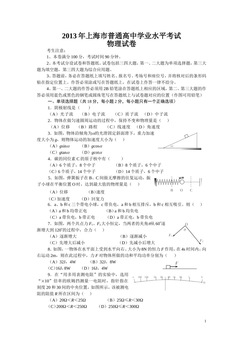 2013年上海市普通高中学业水平考试物理试卷.doc_第1页