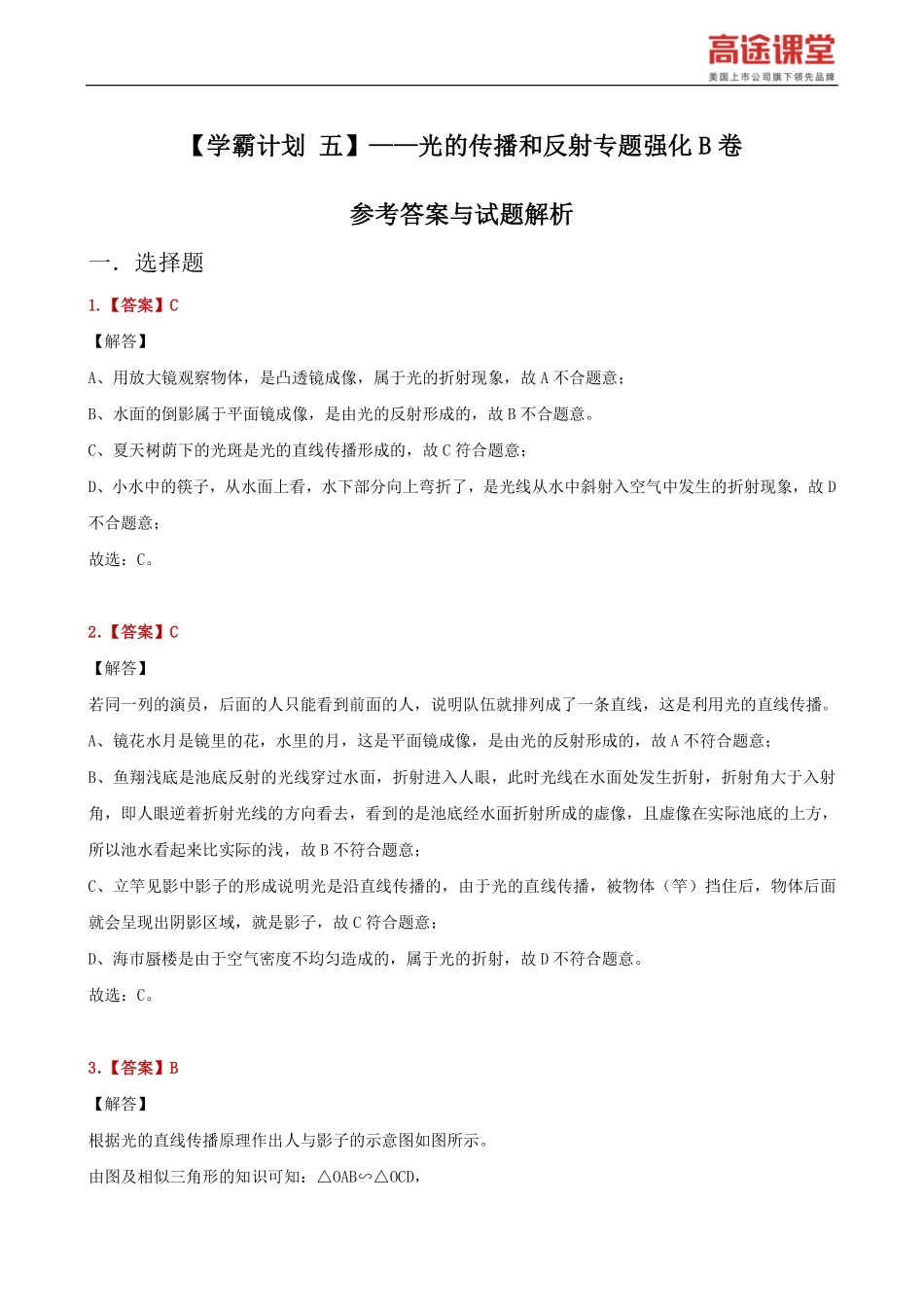学霸计划五--光的传播和反射专题强化B卷解析.pdf_第2页