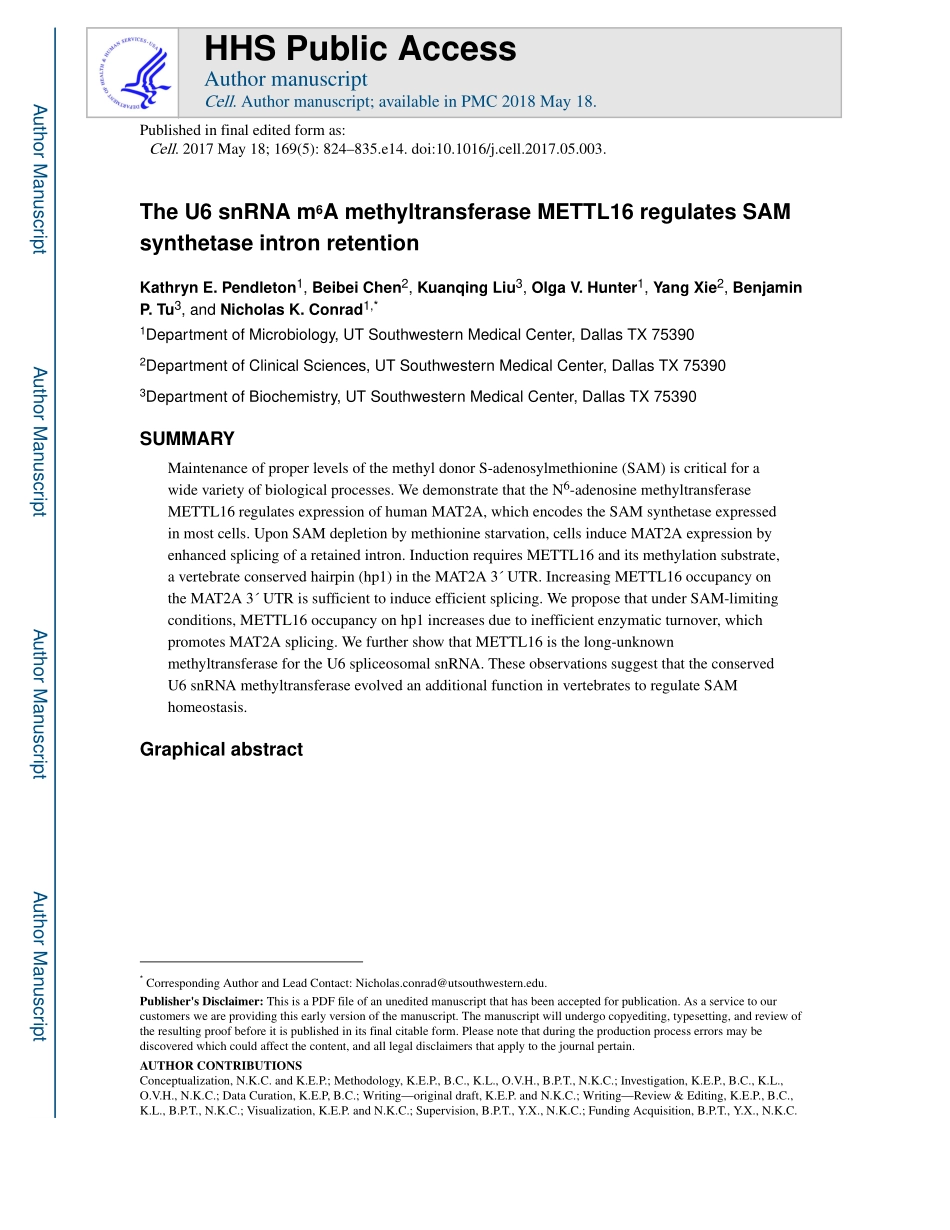 可变剪接调控：The U6 snRNA m6A methyltransferase METTL16 regulates SAM synthetase intron retention.pdf_第1页