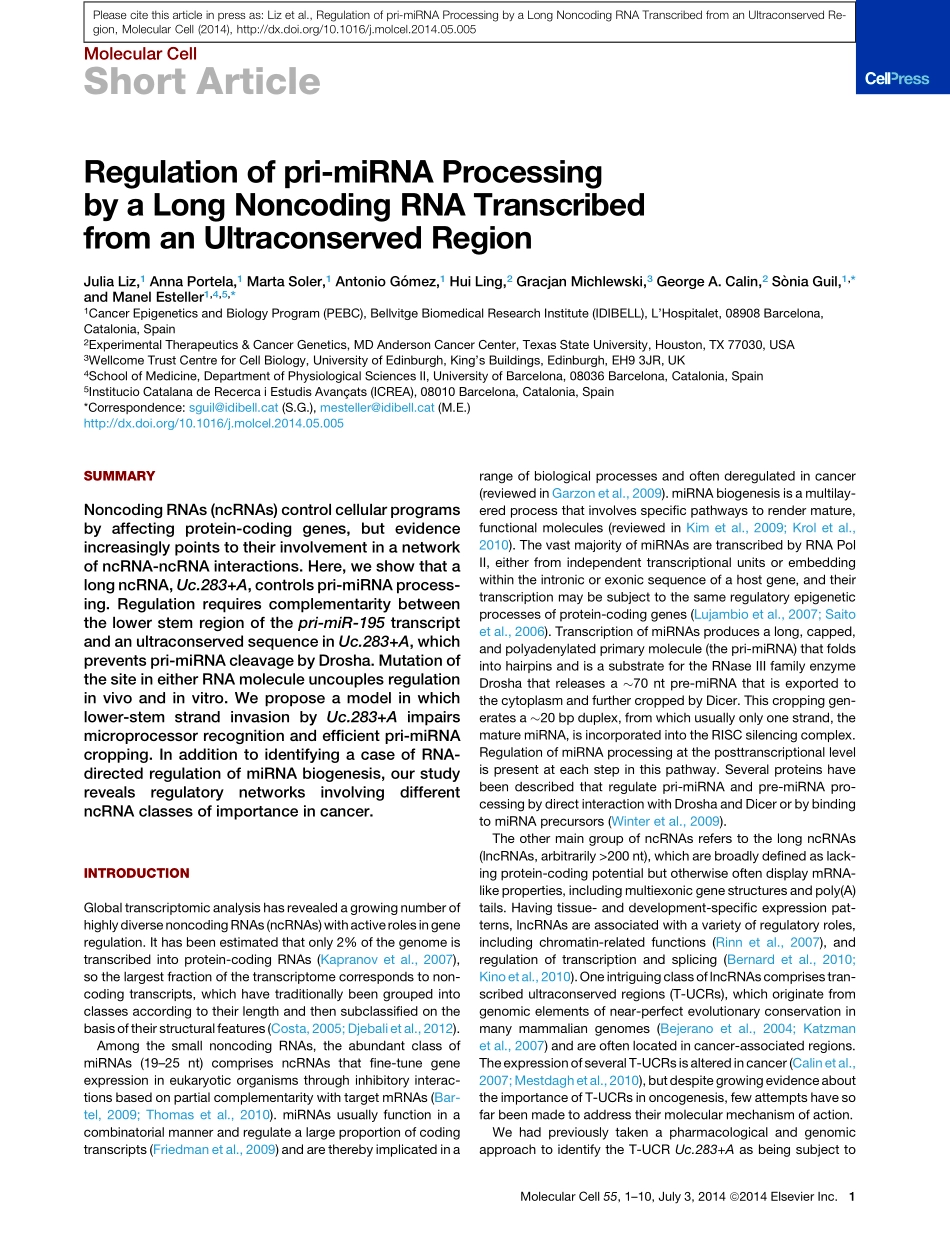 lncRNA介导pri-miRNA的成熟：Regulation of pri-miRNA Processing by a Long Noncoding RNA Transcribed from an Ultraconserved Region.pdf_第1页