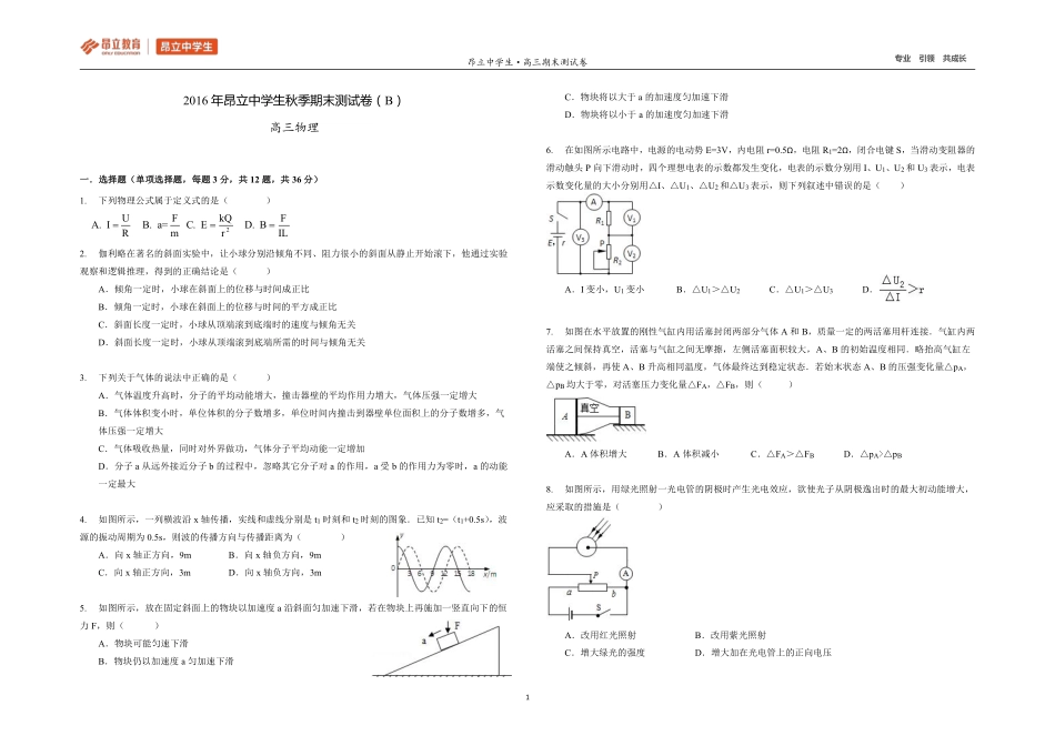 高三物理2016秋季学科期末测试卷（B卷）.pdf_第1页