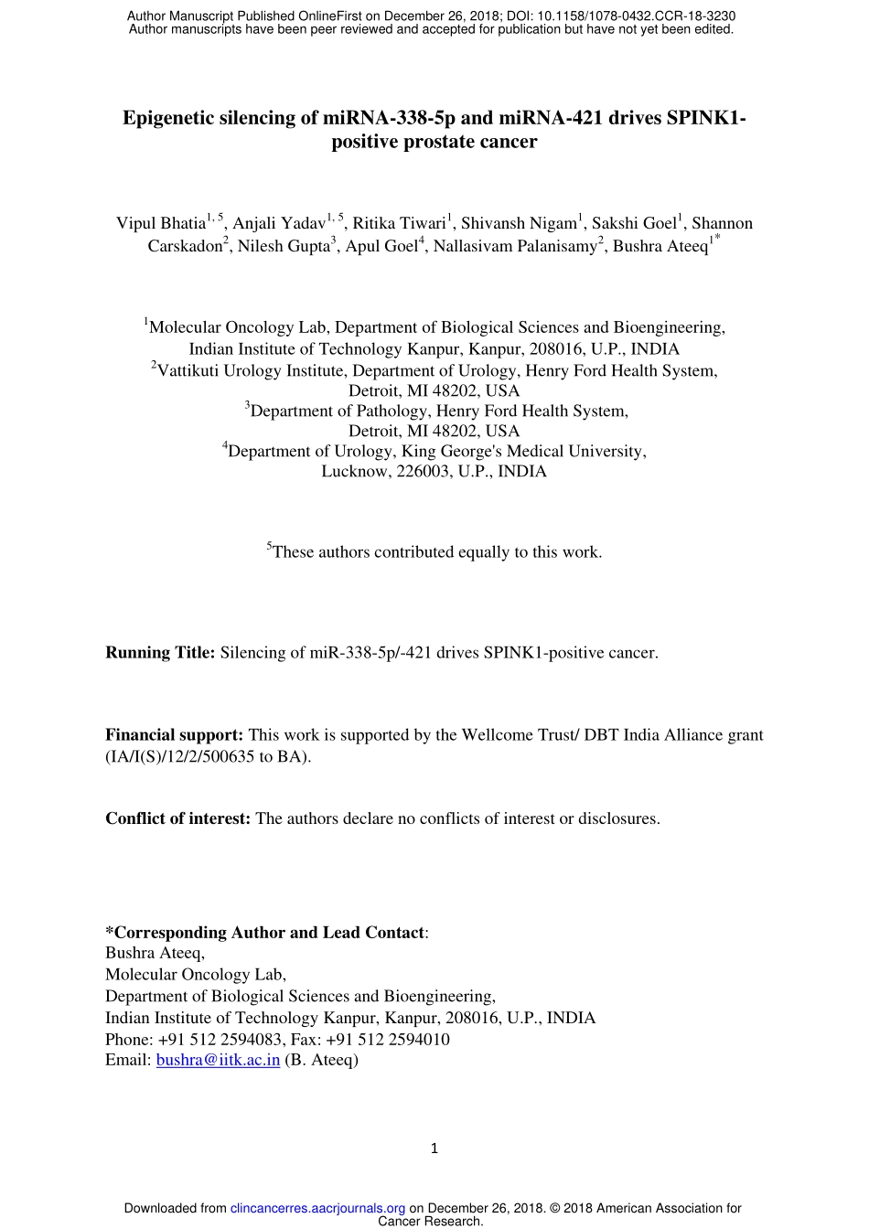 DNA甲基化：Epigenetic silencing of miRNA-338-5p and miRNA-421 drives SPINK1- positive prostate cancer.pdf_第1页