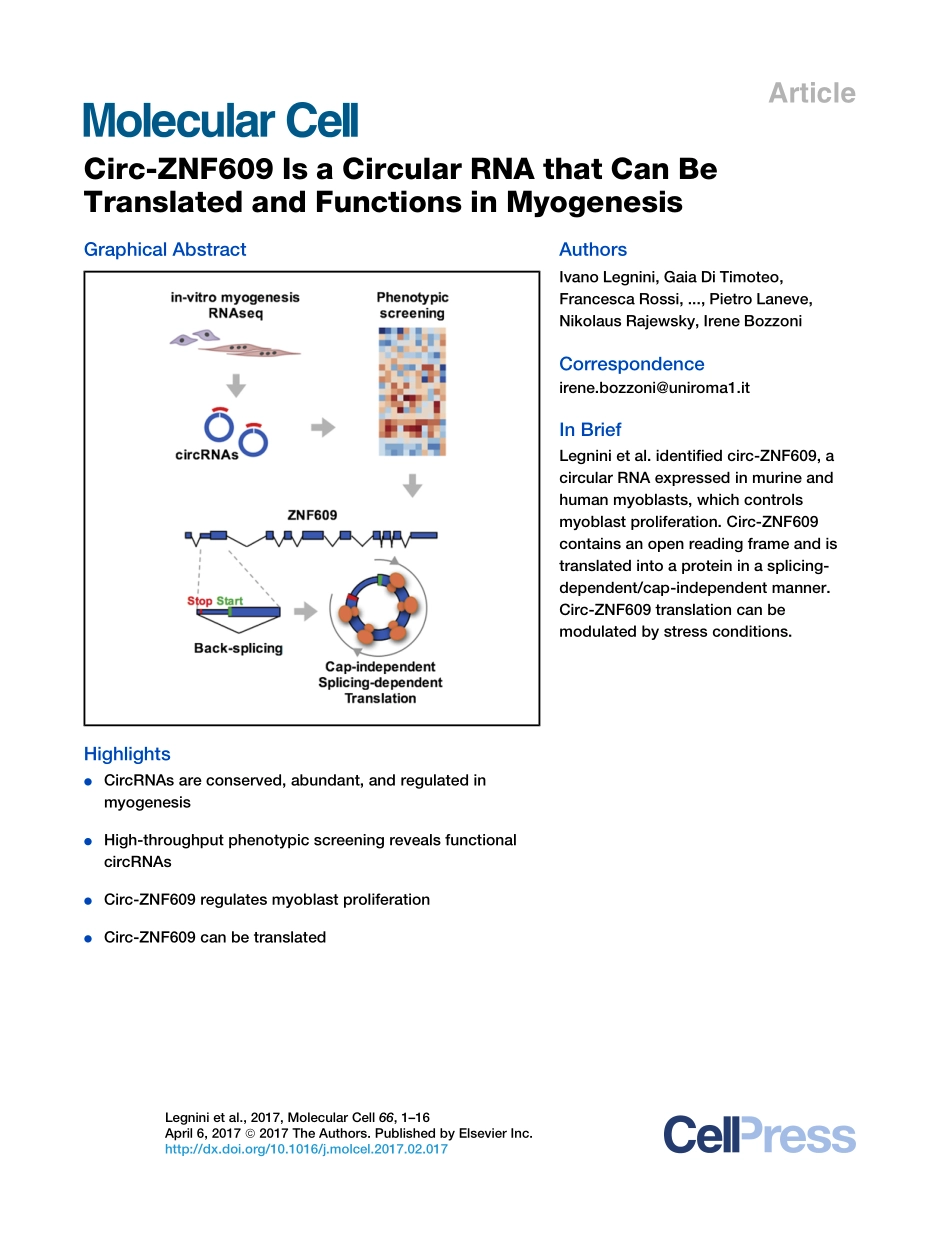 circ和心肌发育：Circ-ZNF609 Is a Circular RNA that Can Be Translated and Functions in Myogenesis.pdf_第1页