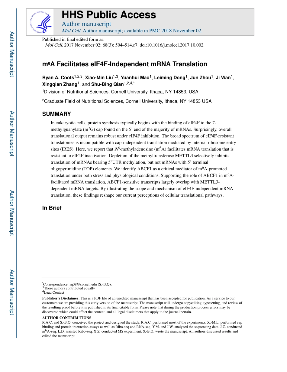 翻译调控：m6A Facilitates eIF4F-Independent mRNA Translation.pdf_第1页
