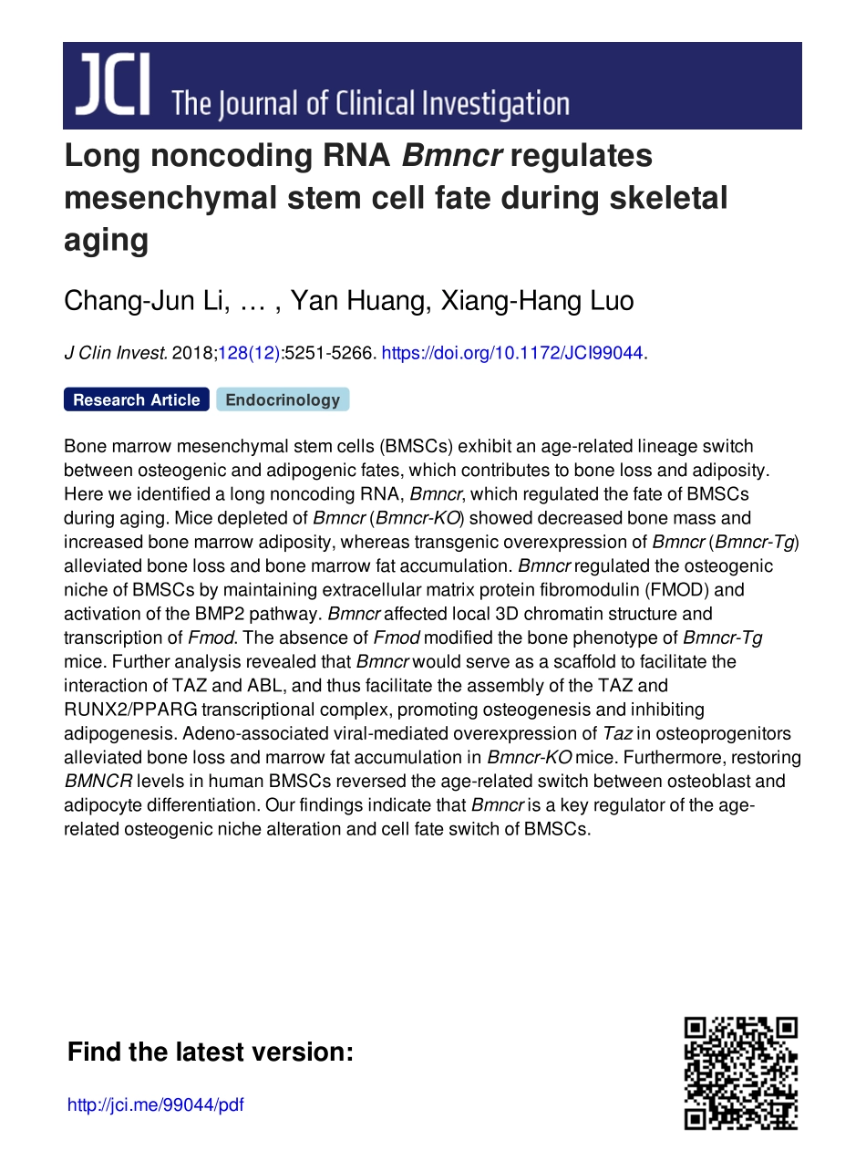 lncRNA和干细胞-Long noncoding RNA Bmncr regulates mesenchymal stem cell fate during skeletal aging.pdf_第1页
