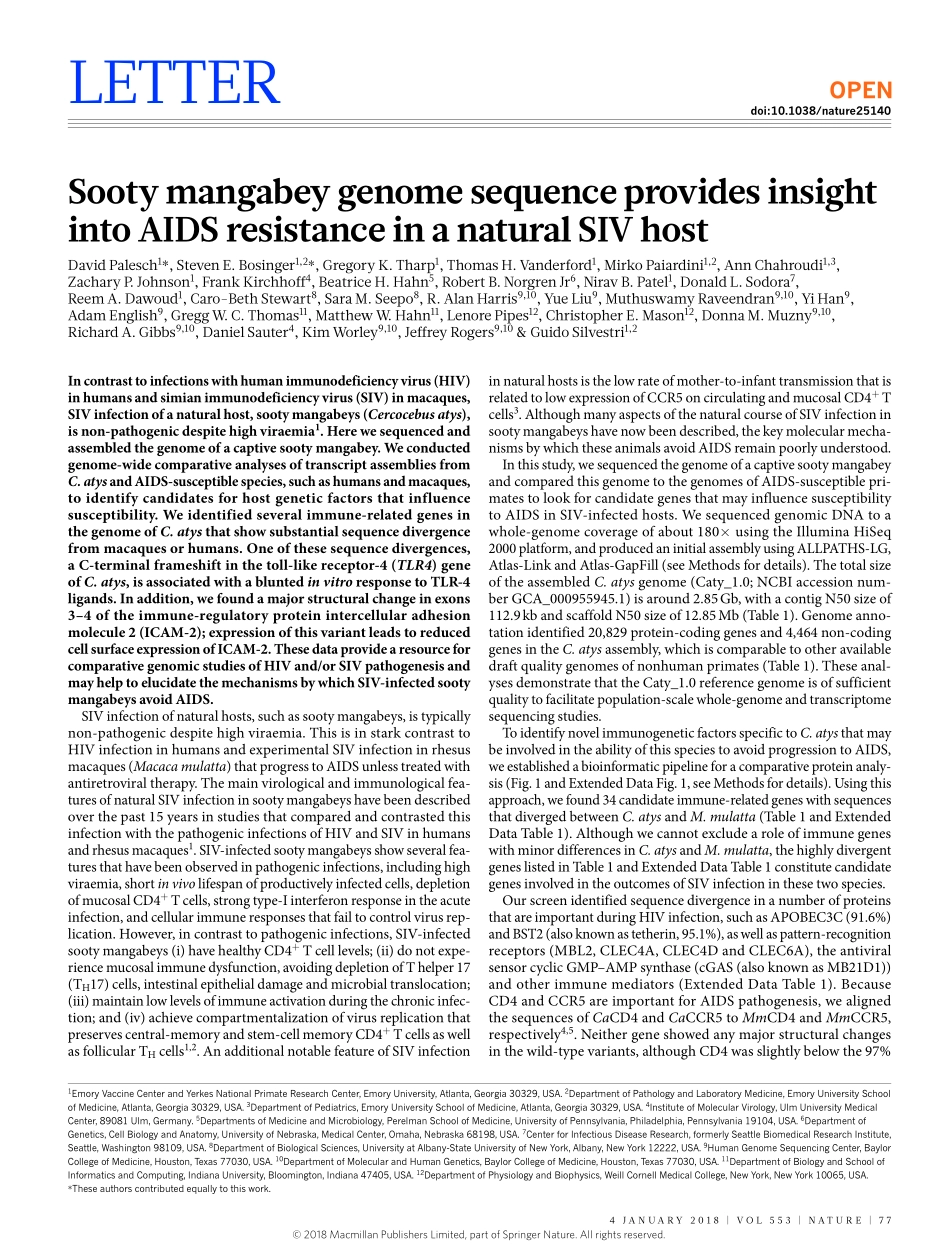 2018-Palesch-Sooty mangabey genome sequence pr.pdf_第1页