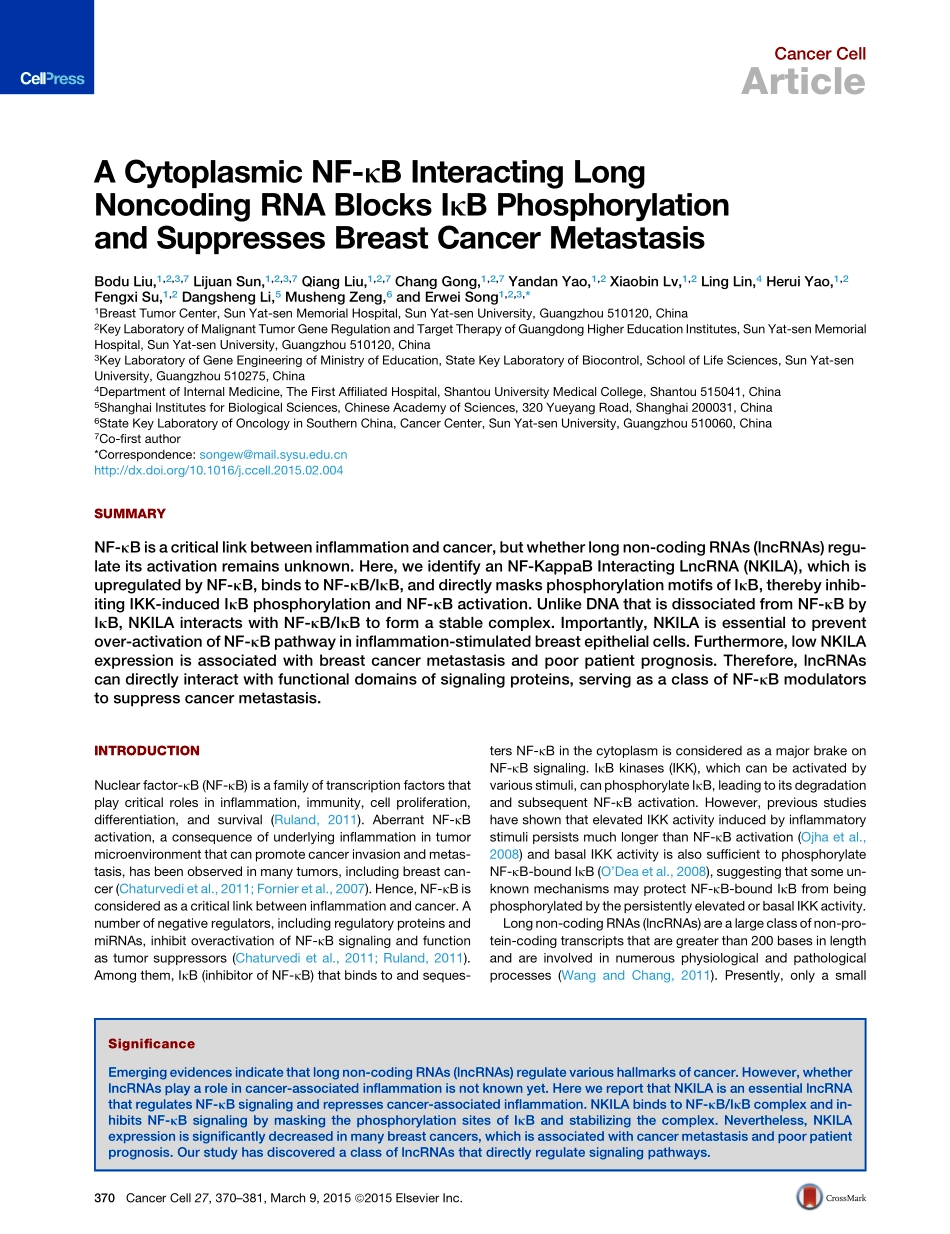 lncRNA调控蛋白磷酸化抑制pathway：A Cytoplasmic NF-kB Interacting Long Noncoding RNA Blocks IkB Phosphorylation and Suppresses Breast Cancer Metastasis.pdf_第2页