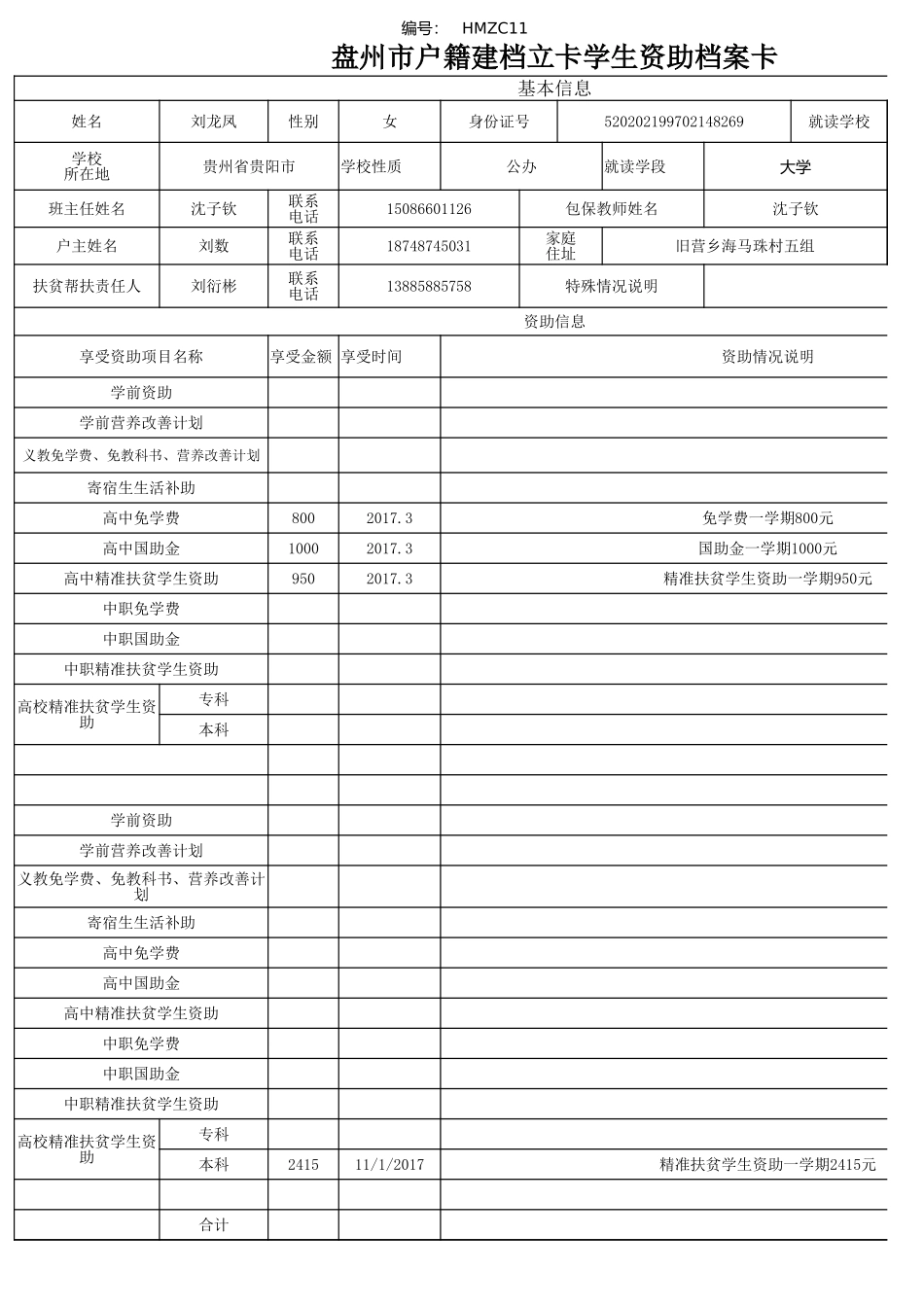 1108盘州市建档立卡资助档案卡 （刘龙凤）.xlsx_第1页
