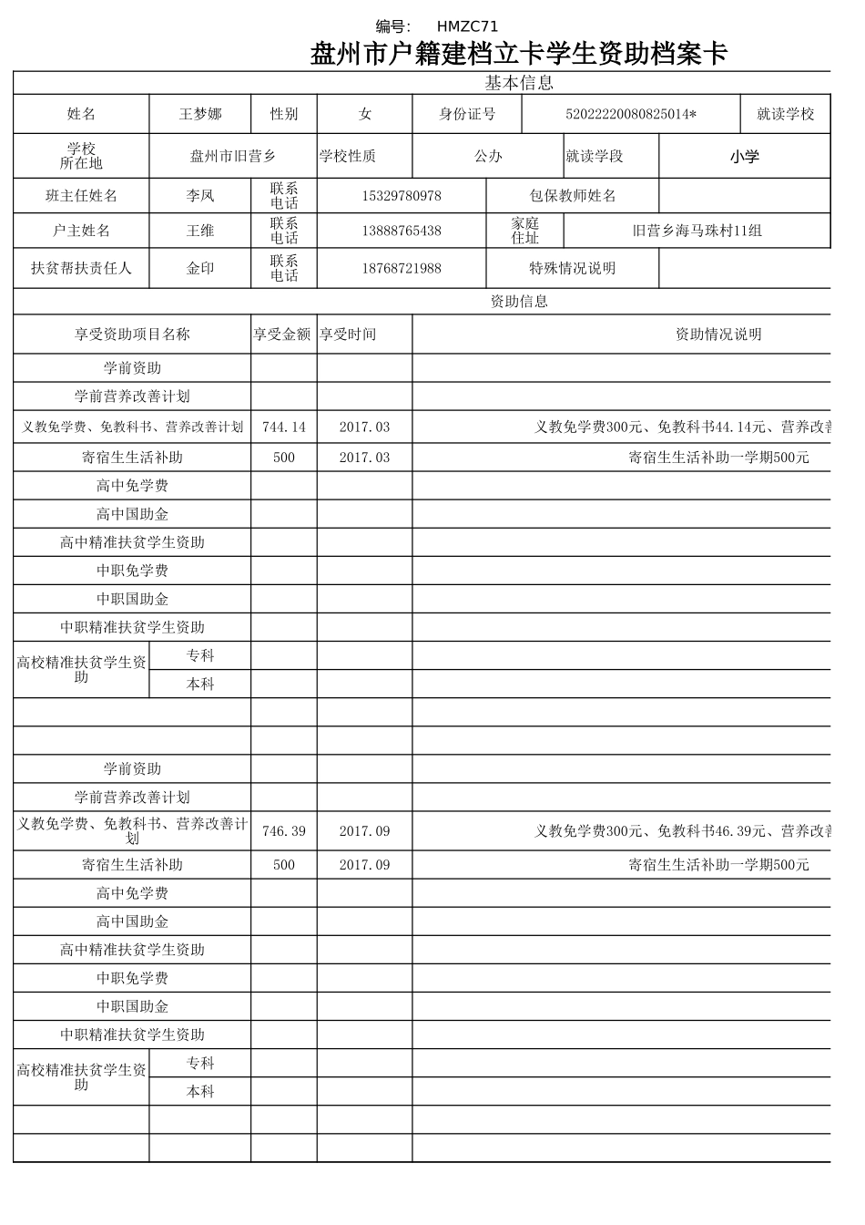 1108盘州市建档立卡资助档案卡王梦娜.xlsx_第1页