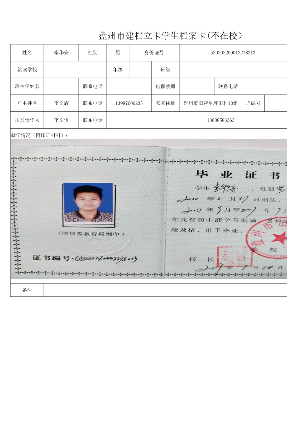 1108新表 盘州市建档立卡学生档案卡李华安.xlsx_第1页