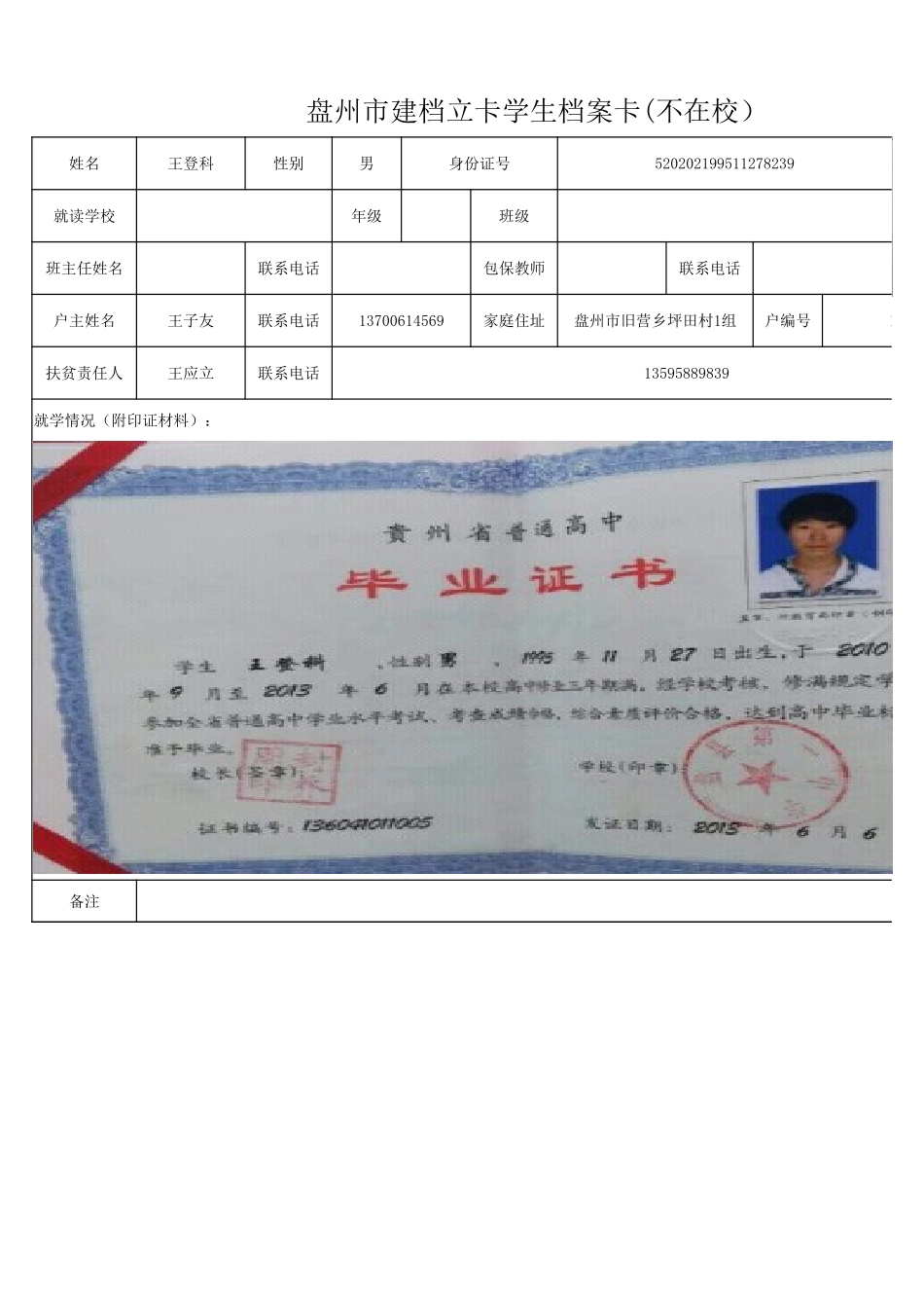 1108新表 盘州市建档立卡学生档案卡王登科.xlsx_第1页