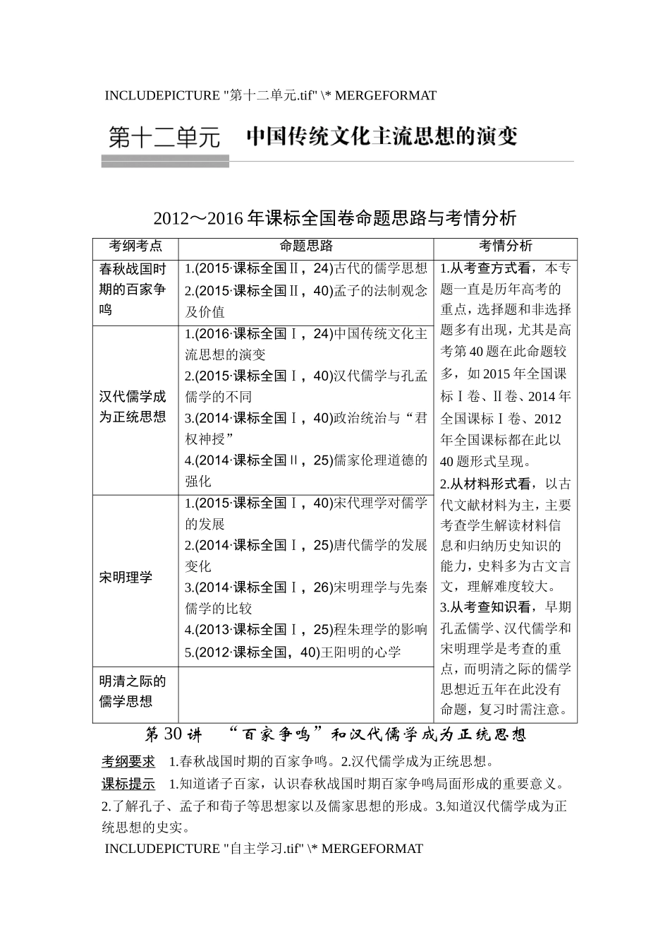 2018年高考历史（人教版）一轮复习精品讲练：第十二单元 第30讲　“百家争鸣”和汉代儒学成为正统思想.doc_第1页