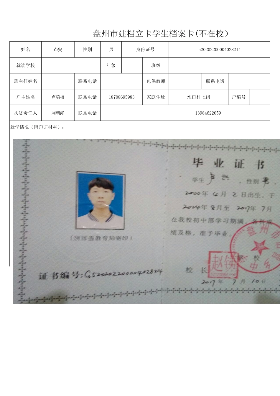 盘州市建档立卡学生档案卡（不在校）卢征峰.xlsx_第1页