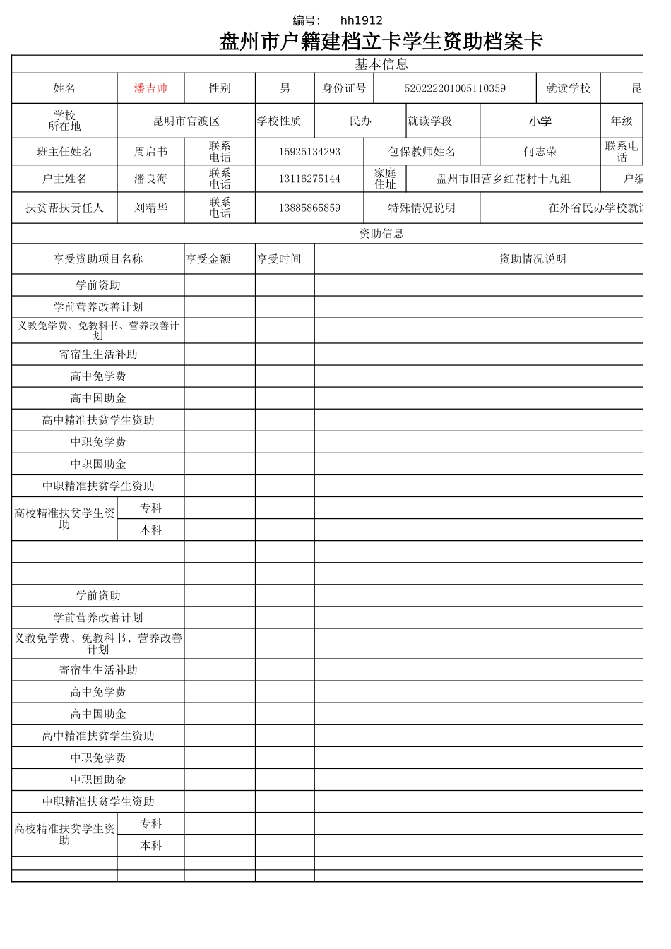 盘州市建档立卡资助档案卡(潘吉帅）.xlsx_第1页