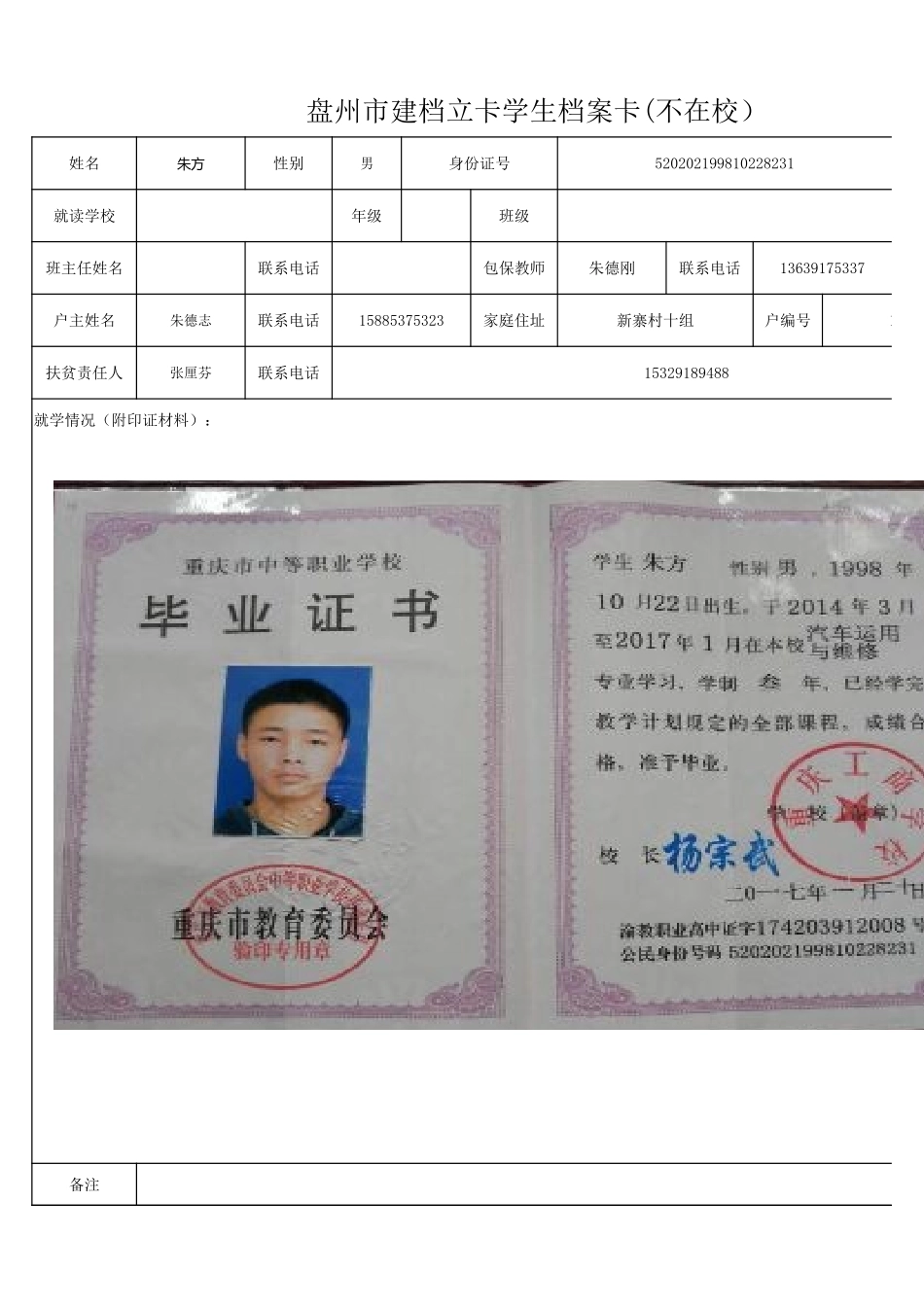 盘州市建档立卡学生档案卡（朱方）.xlsx_第1页