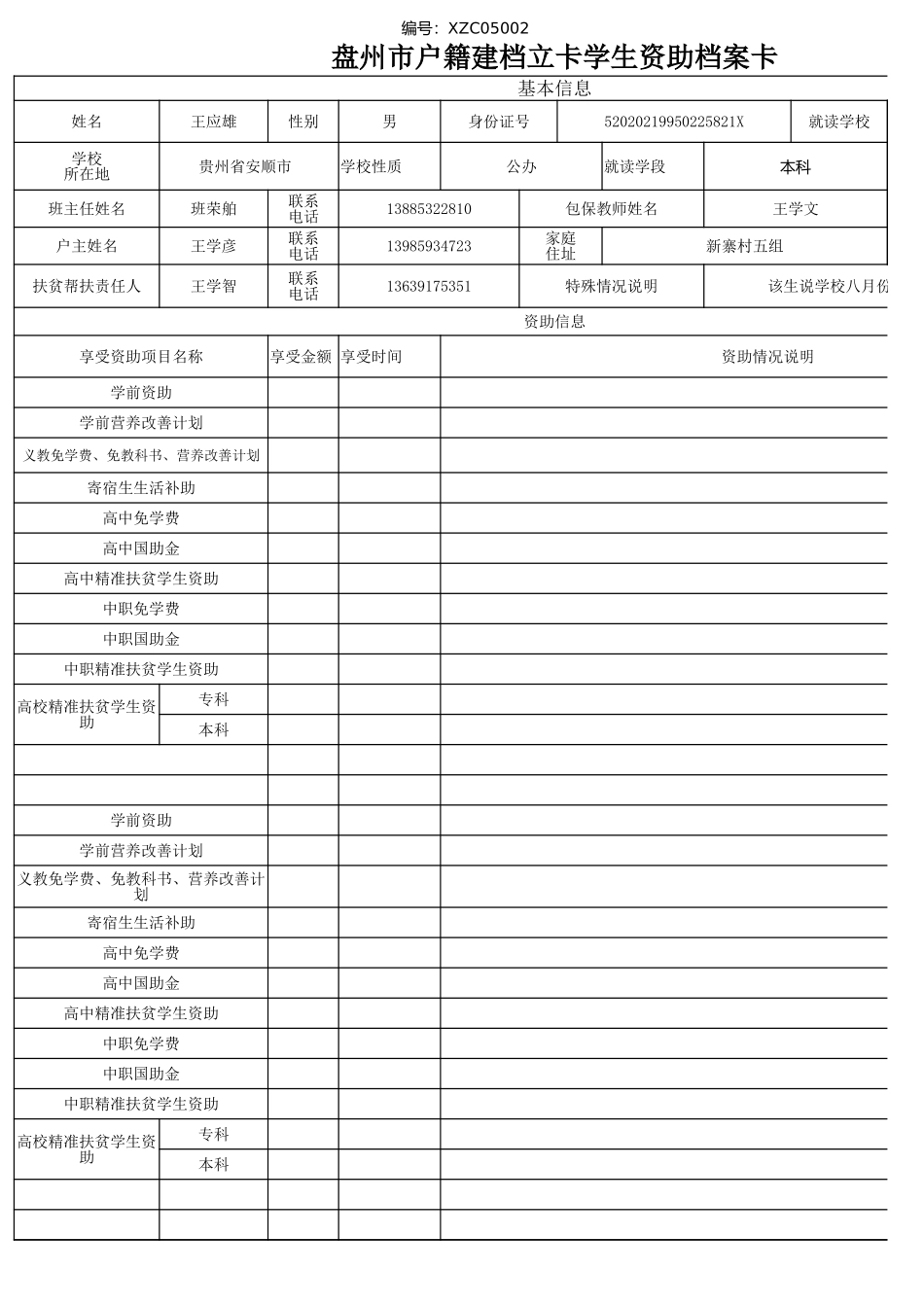 盘州市建档立卡资助档案卡(王应雄）.xlsx_第1页