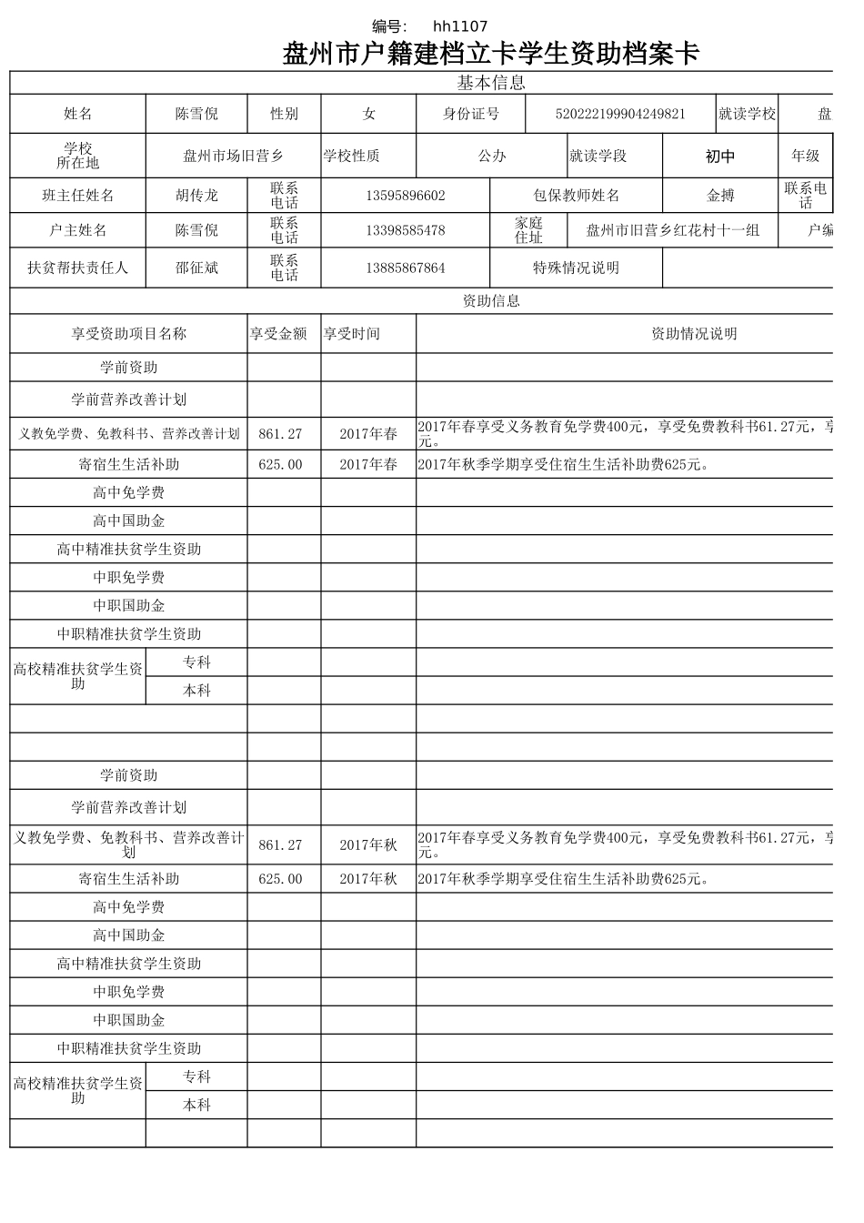 盘州市建档立卡资助档案卡(陈雪倪）.xlsx_第1页